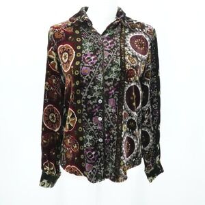 Vintage Velvet Blouse Womens 8 Multicolor Floral Button Boho‎ Art To Wear USA